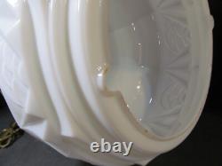 Vtg Art Deco White Milk Glass School House Hanging Glass Shade & Brass Fixture