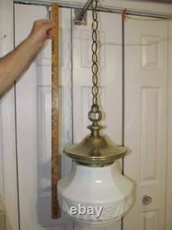 Vtg Art Deco White Milk Glass School House Hanging Glass Shade & Brass Fixture