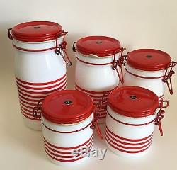 Vtg Cerve Canisters Jars Italy Red White Candy Stripe Milk Glass Retro Kitsch