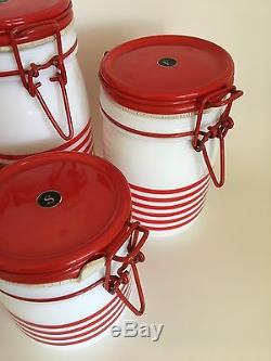 Vtg Cerve Canisters Jars Italy Red White Candy Stripe Milk Glass Retro Kitsch