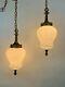 Vtg Double Hanging Swag Lamp Light Fixture Brass/gold White Milk Glass Regency