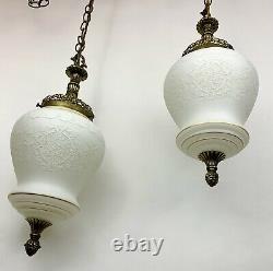 Vtg Double Hanging Swag Lamp Light Fixture Brass/Gold White Milk Glass Regency