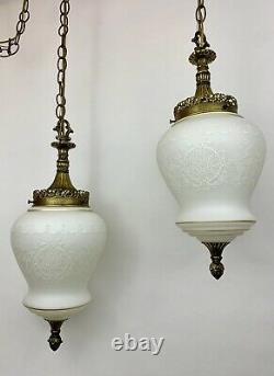 Vtg Double Hanging Swag Lamp Light Fixture Brass/Gold White Milk Glass Regency