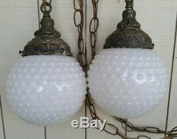 Vtg Double White Globe Hobnail Milk Glass Hanging Swag Lamp Light Mid Century