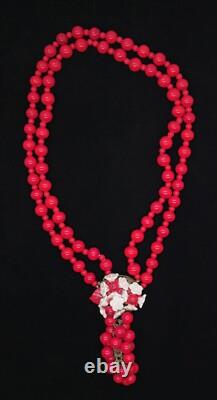 Vtg Early Miriam Haskell Red Bead White Milk Glass Flowers Necklace