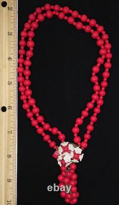 Vtg Early Miriam Haskell Red Bead White Milk Glass Flowers Necklace