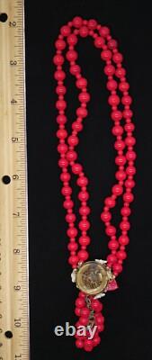 Vtg Early Miriam Haskell Red Bead White Milk Glass Flowers Necklace