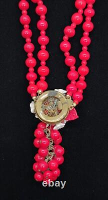 Vtg Early Miriam Haskell Red Bead White Milk Glass Flowers Necklace