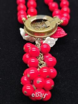 Vtg Early Miriam Haskell Red Bead White Milk Glass Flowers Necklace