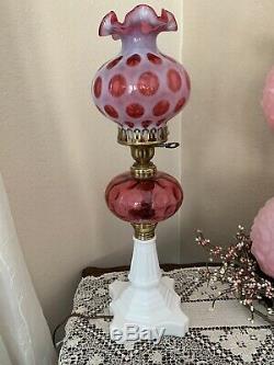 Vtg Fenton Cranberry Glass Coin Dot / Milk Glass Lamp