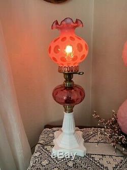 Vtg Fenton Cranberry Glass Coin Dot / Milk Glass Lamp