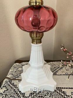 Vtg Fenton Cranberry Glass Coin Dot / Milk Glass Lamp