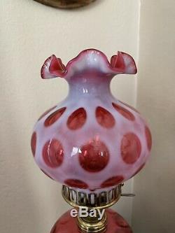 Vtg Fenton Cranberry Glass Coin Dot / Milk Glass Lamp