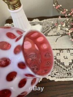 Vtg Fenton Cranberry Glass Coin Dot / Milk Glass Lamp