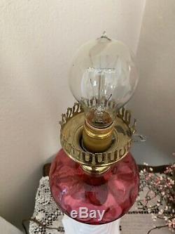 Vtg Fenton Cranberry Glass Coin Dot / Milk Glass Lamp