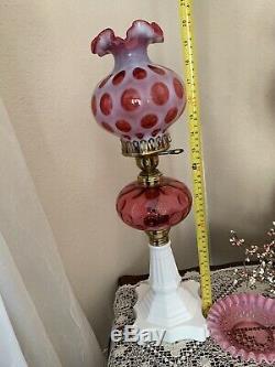 Vtg Fenton Cranberry Glass Coin Dot / Milk Glass Lamp