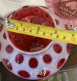 Vtg Fenton Cranberry Glass Coin Dot / Milk Glass Lamp