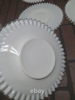 Vtg Fenton Crest Ruffled White MILK Glass Ribbed 10.5 Cake Plate Set Of 6