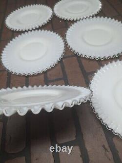 Vtg Fenton Crest Ruffled White MILK Glass Ribbed 10.5 Cake Plate Set Of 6