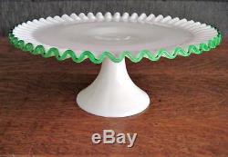 Vtg Fenton Emerald Green Crest Cake Stand Plate Mid-Century Elegant Milk Glass