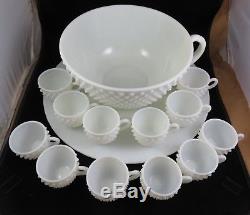 Vtg Fenton Hobnail Milk Glass Punch Bowl with 12 Cups Torte Plate Underplate Set
