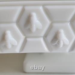 Vtg Fenton Honey Bee Milk Glass Honeycomb Covered Footed Candy Dish Lid