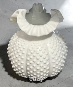 Vtg Fenton Milk Glass Hobnail Melon Vase Ruffled Crimped Rim White Art Glass