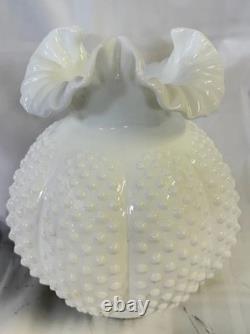 Vtg Fenton Milk Glass Hobnail Melon Vase Ruffled Crimped Rim White Art Glass