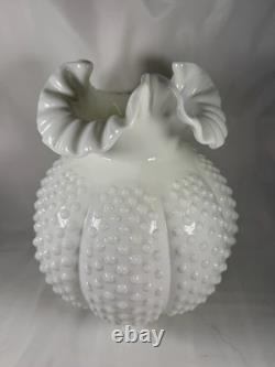Vtg Fenton Milk Glass Hobnail Melon Vase Ruffled Crimped Rim White Art Glass