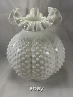 Vtg Fenton Milk Glass Hobnail Melon Vase Ruffled Crimped Rim White Art Glass