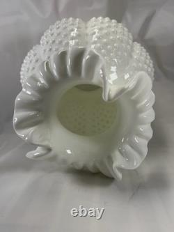 Vtg Fenton Milk Glass Hobnail Melon Vase Ruffled Crimped Rim White Art Glass