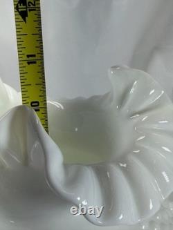 Vtg Fenton Milk Glass Hobnail Melon Vase Ruffled Crimped Rim White Art Glass