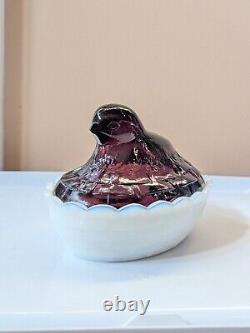 Vtg Fenton Purple Amethyst & White Milk Glass Baby Chick on Nest Covered Dish