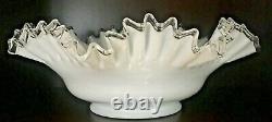 Vtg. Fenton Spanish Lace Silver Crest White Milk Glass Ruffled Edge Large Bowl