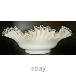 Vtg. Fenton Spanish Lace Silver Crest White Milk Glass Ruffled Edge Large Bowl