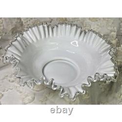 Vtg. Fenton Spanish Lace Silver Crest White Milk Glass Ruffled Edge Large Bowl