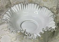 Vtg. Fenton Spanish Lace Silver Crest White Milk Glass Ruffled Edge Large Bowl