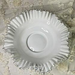 Vtg. Fenton Spanish Lace Silver Crest White Milk Glass Ruffled Edge Large Bowl