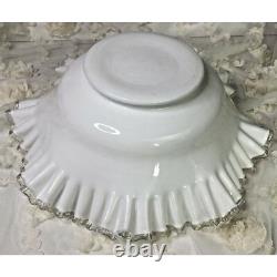 Vtg. Fenton Spanish Lace Silver Crest White Milk Glass Ruffled Edge Large Bowl