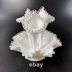 Vtg Fenton White Milk Art Glass Silver Crest Three 3 Horn Epergne Ruffled 11