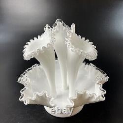 Vtg Fenton White Milk Art Glass Silver Crest Three 3 Horn Epergne Ruffled 11