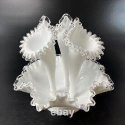 Vtg Fenton White Milk Art Glass Silver Crest Three 3 Horn Epergne Ruffled 11