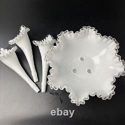 Vtg Fenton White Milk Art Glass Silver Crest Three 3 Horn Epergne Ruffled 11