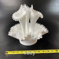 Vtg Fenton White Milk Art Glass Silver Crest Three 3 Horn Epergne Ruffled 11