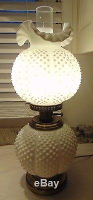 Vtg Fenton White Milk Glass Hobnail GWTW Parlor Lamp Top & Bottom Light Up