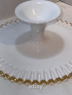 Vtg Fenton Yellow Gold Amber Crest White Milk Glass Pedestal Cake Stand? Ruffled