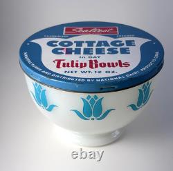 Vtg Fire King Milk Glass Turquoise Tulip Bowl with Sealtest Cottage Cheese Lid