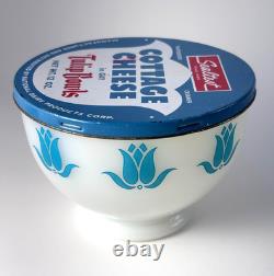 Vtg Fire King Milk Glass Turquoise Tulip Bowl with Sealtest Cottage Cheese Lid