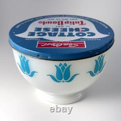 Vtg Fire King Milk Glass Turquoise Tulip Bowl with Sealtest Cottage Cheese Lid