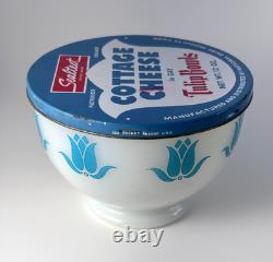 Vtg Fire King Milk Glass Turquoise Tulip Bowl with Sealtest Cottage Cheese Lid
